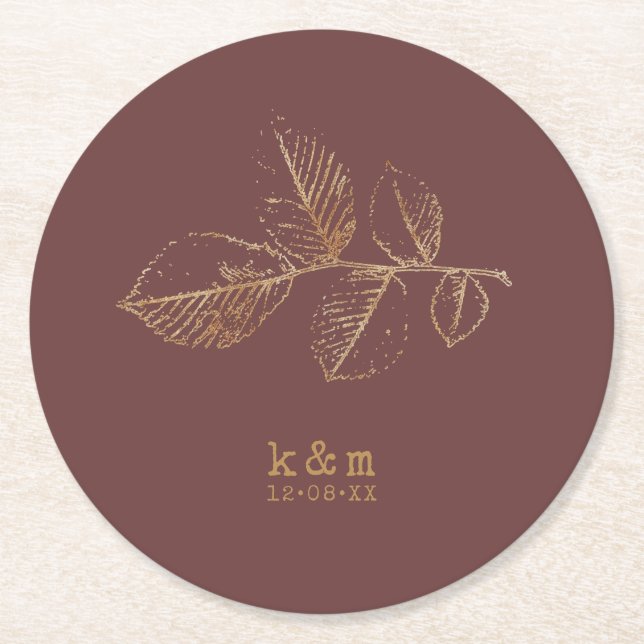 Golden Leaf Wedding Gold/Burgundy ID655  Round Paper Coaster (Front)
