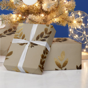 Golden Leaf Wrapping Paper   Elegant Botanical Hol