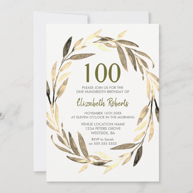Golden Leaf Wreath 100th Birthday Party Invitation (Front)