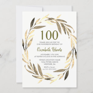 Golden Leaf Wreath 100th Birthday Party Invitation
