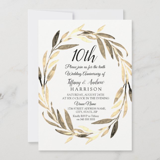 Golden Leaf Wreath 10th Wedding Anniversary Invite (Front)