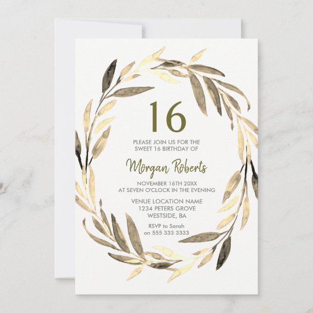 Golden Leaf Wreath 16th Birthday Party Invitation (Front)