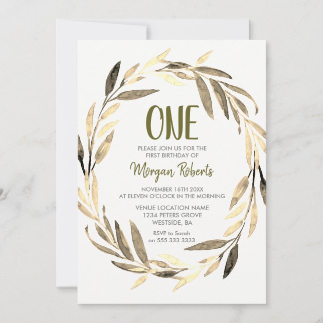 Golden Leaf Wreath 1st Birthday Boy or Girl Invite (Front)
