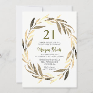 Golden Leaf Wreath 21st Birthday Party Invitation