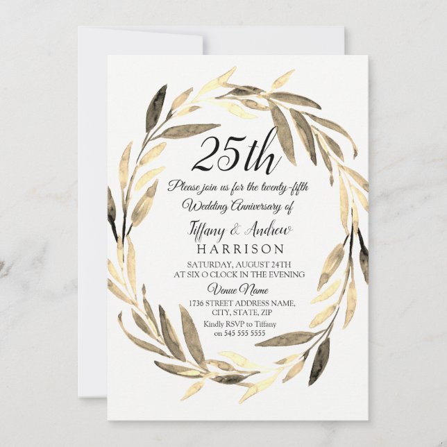 Golden Leaf Wreath 25th Wedding Anniversary Invite (Front)