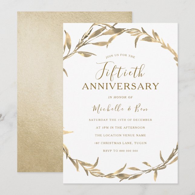 Golden Leaf Wreath 50th Wedding Anniversary Invitation (Front/Back)