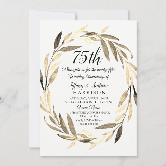 Golden Leaf Wreath 75th Wedding Anniversary Invite (Front)