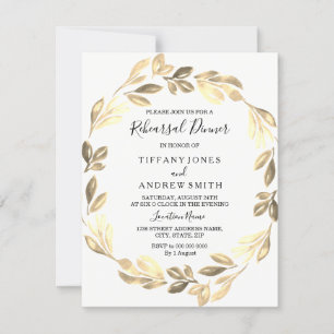 Golden Leaf Wreath Elegant Rehearsal Dinner Invitation