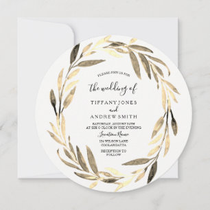 Golden Leaf Wreath Elegant Wedding Invitation