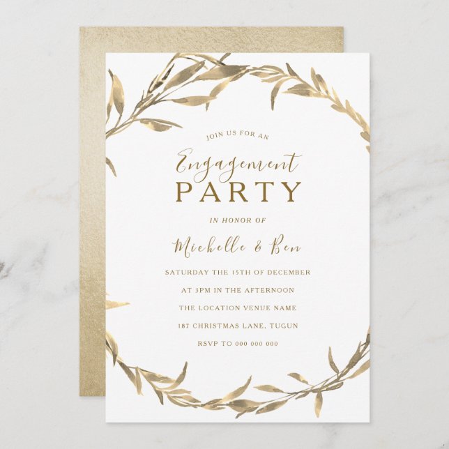 Golden Leaf Wreath Engagement Party Invitation (Front/Back)