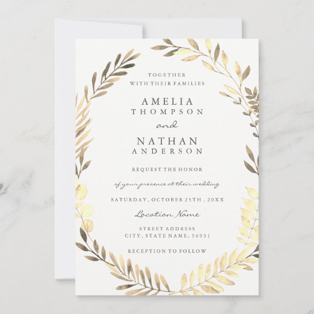 Golden Leaf Wreath Garden Wedding Invitation (Front)