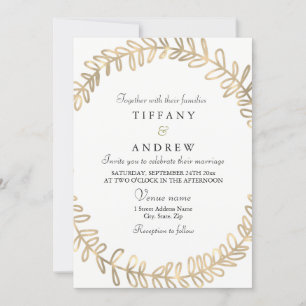 Golden Leaf Wreath Modern Wedding Invite