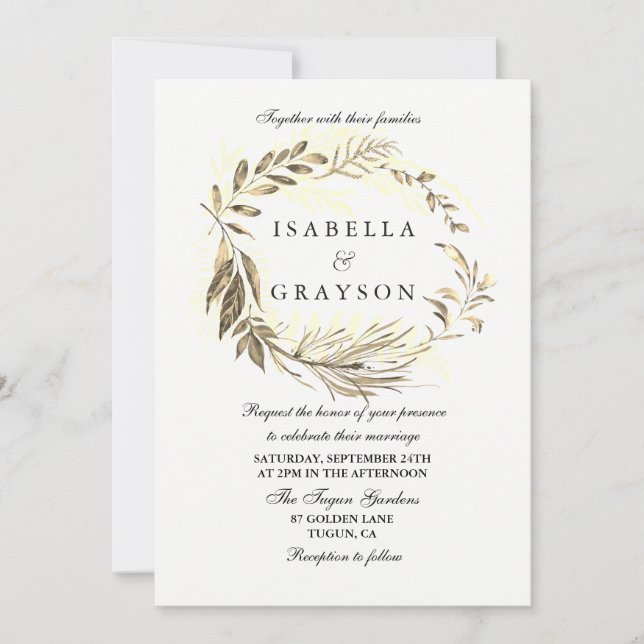 Golden Leaf Wreath Wedding Invitation (Front)