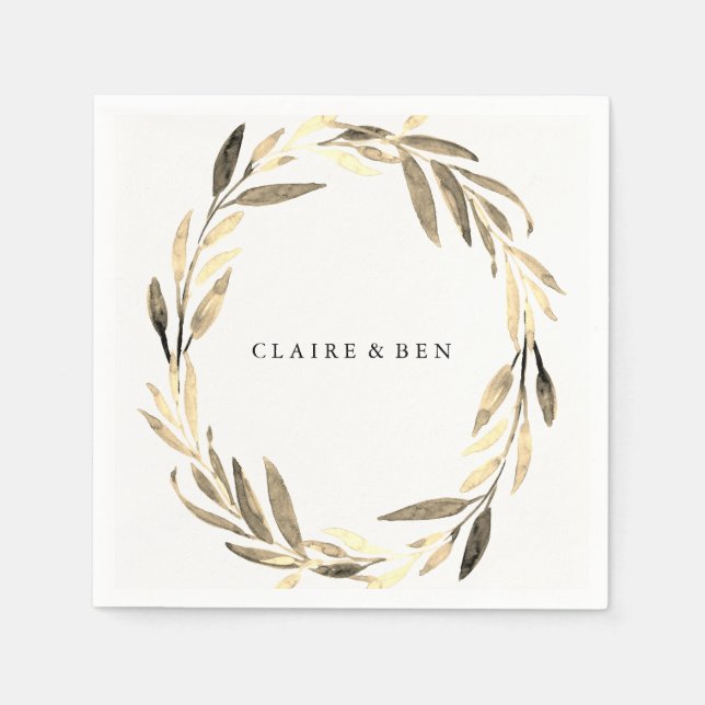Golden Leaf Wreath Wedding Napkin (Front)
