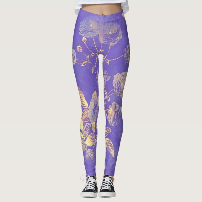 Golden Leafy Foliage On Purple Background Leggings (Front)