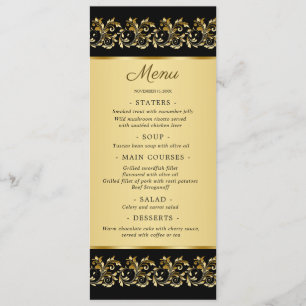 Golden leafy swirls on black Wedding Menu Card
