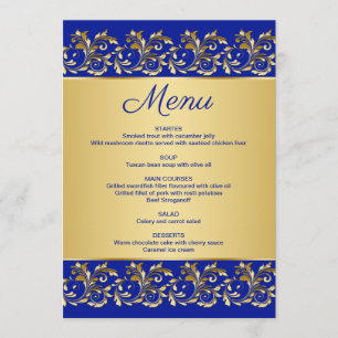 Golden leafy swirls on blue Menu Card