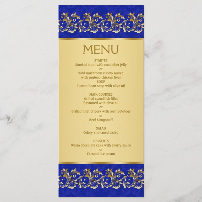Golden leafy swirls on blue Menu Card (Front)
