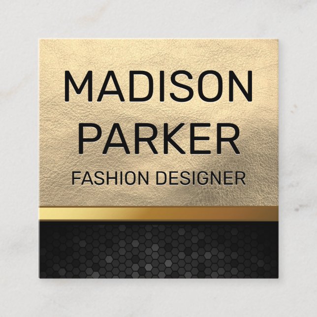 Golden Leather and Metallic Trim | Geometric Square Business Card (Front)