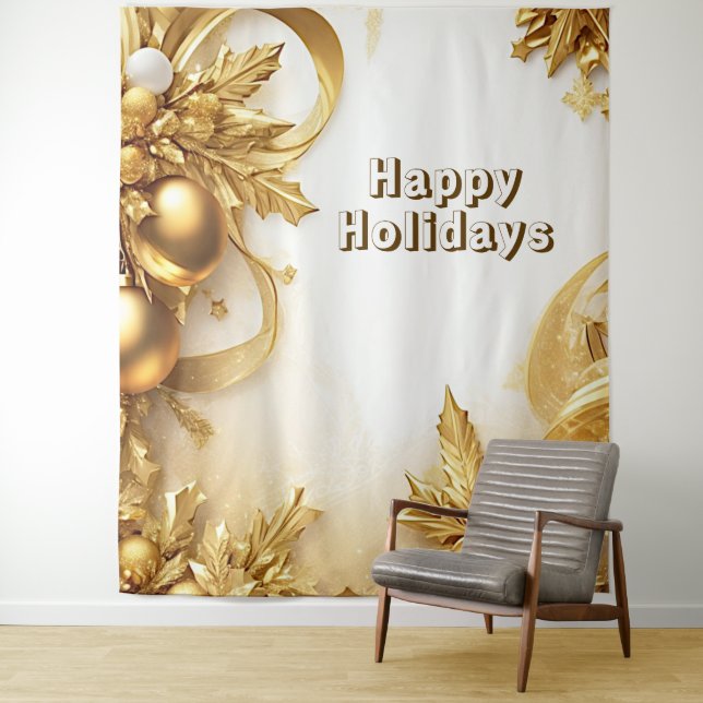 Golden Leaves Christmas Holiday Backdrop Tapestry (In Situ)