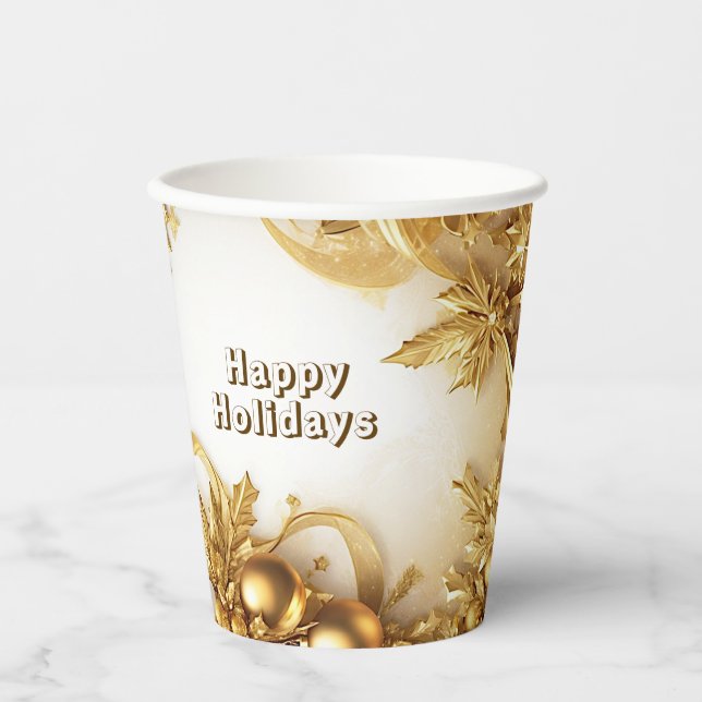 Golden Leaves Christmas Holiday Paper Cups (Front)