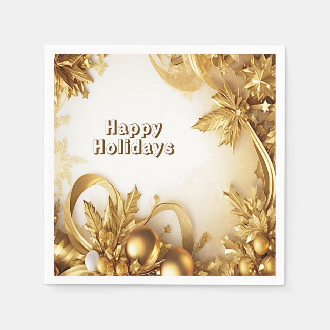 Golden Leaves Christmas Holiday Paper Napkin (Front)