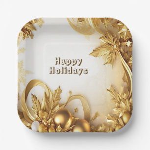 Golden Leaves Christmas Holiday Paper Plate