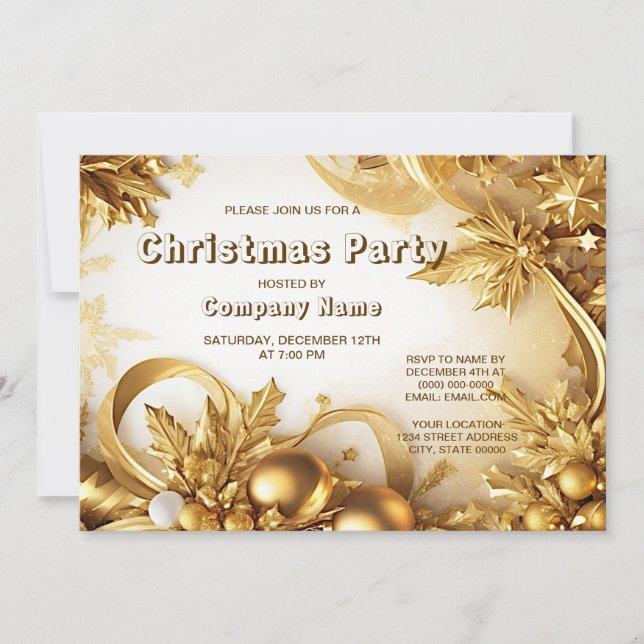 Golden Leaves Christmas Party Holiday Invitation (Front)