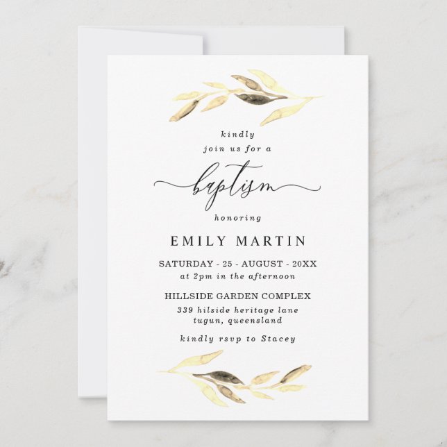 Golden Leaves Elegant Baby Boy or Girl Baptism Invitation (Front)
