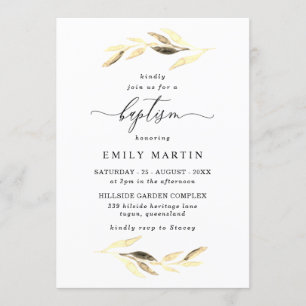Golden Leaves Elegant Baby Boy or Girl Baptism Invitation