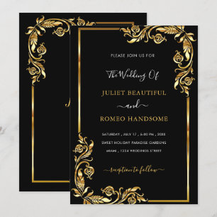 Golden Leaves Floral Black Gold Wedding Invitation
