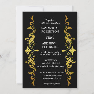Golden Leaves Frame Black Gold Wedding Invitation