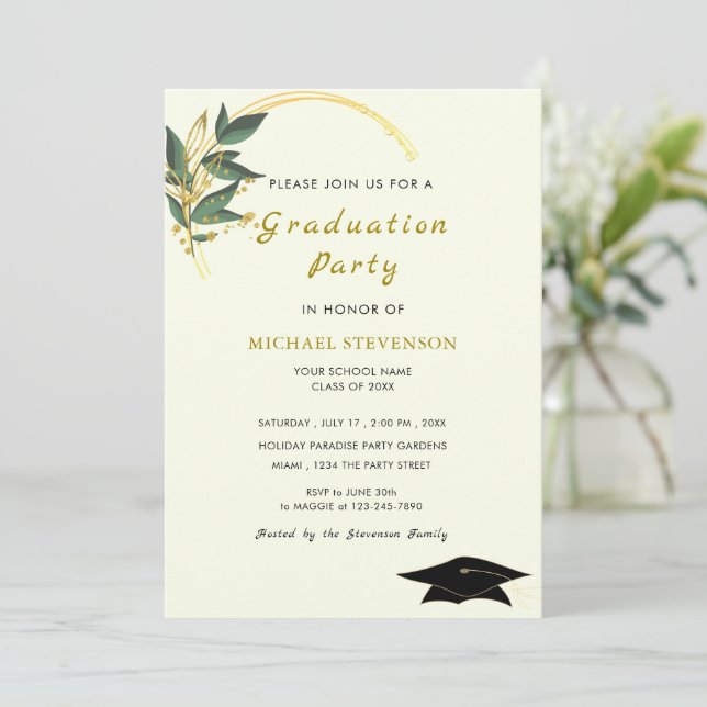 Golden Leaves Frame Graduation Party Invitation (Standing Front)