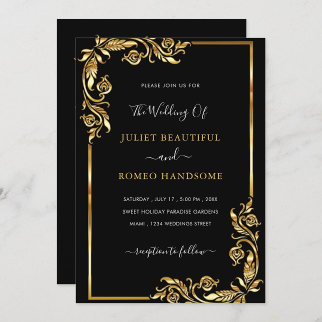 Golden Leaves Framed Black Gold Wedding Invitation (Front/Back)