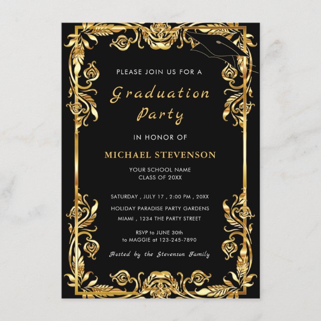 Golden Leaves Framed Graduation Invitation Example (Front)