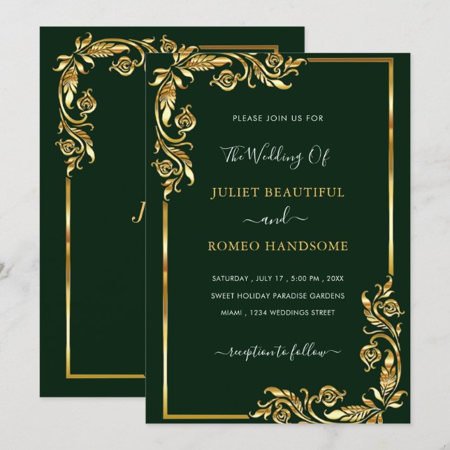 Golden Leaves Framed Green Gold Wedding Invitation (Front/Back)