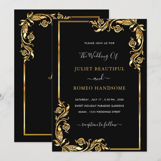 Golden Leaves Framed Wedding Invitation Black Gold (Front/Back)