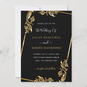 Golden Leaves Framed Wedding Invitation Black Gold