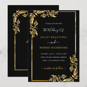 Golden Leaves Framed Wedding Invitation Black Gold