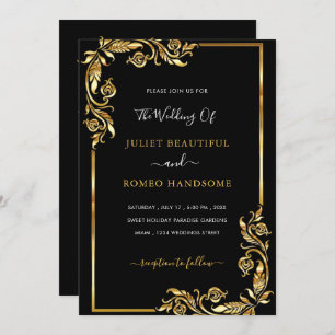 Golden Leaves Framed Wedding Invitation Black Gold