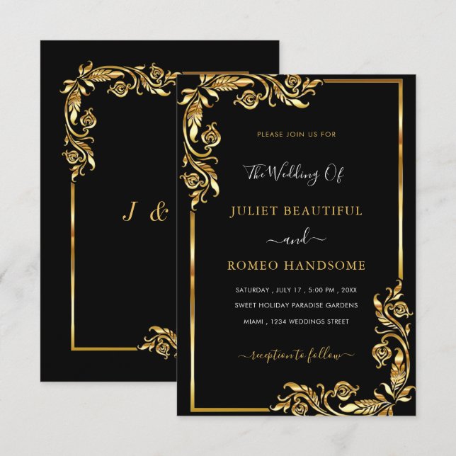 Golden Leaves Framer Black Gold Wedding Invitation (Front/Back)