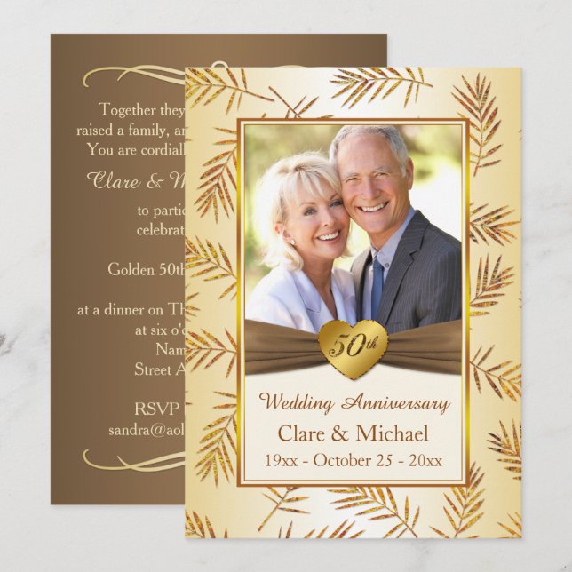 Golden leaves, heart 50th Wedding Anniversary Invitation (Front/Back)