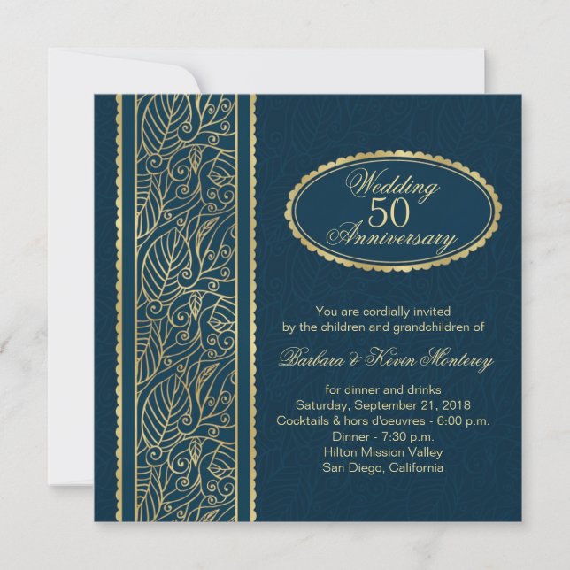 Golden leaves on blue 50th Wedding Anniversary Invitation (Front)