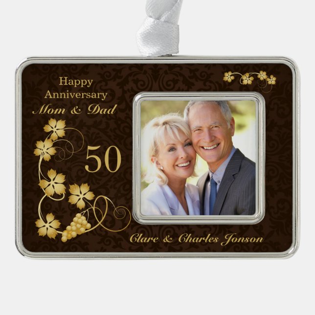 Golden leaves on brown 50th Wedding Anniversary Silver Plated Framed Ornament (Front)