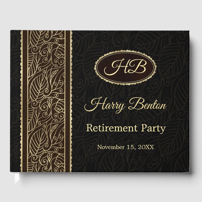 Golden leaves on brown Retirement Party Guest Book (Front)