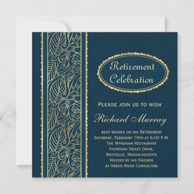 Golden leaves on dark blue Retirement Party Invitation (Front)