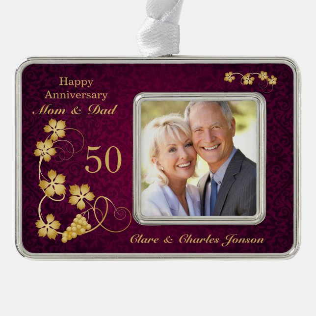 Golden leaves on purple 50th Wedding Anniversary Silver Plated Framed Ornament (Front)