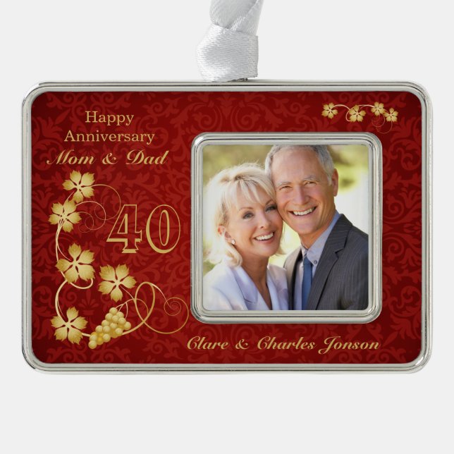 Golden leaves on red 40th Wedding Anniversary Silver Plated Framed Ornament (Front)
