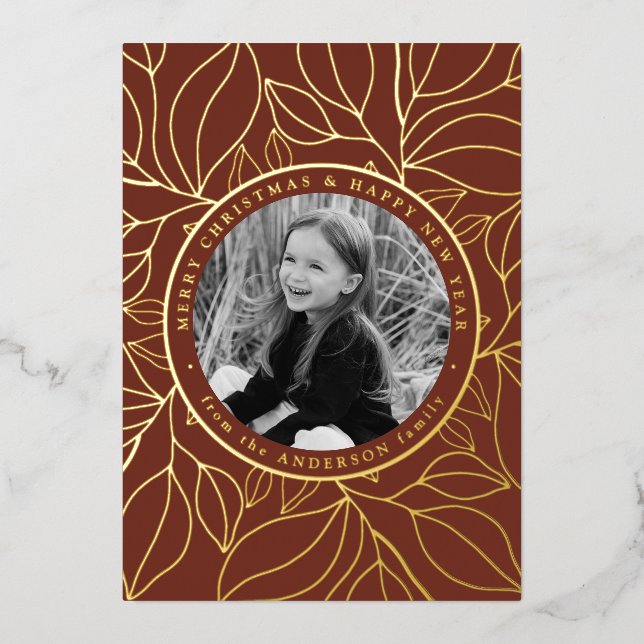 Golden Leaves Photo Foil Holiday Card (Front)