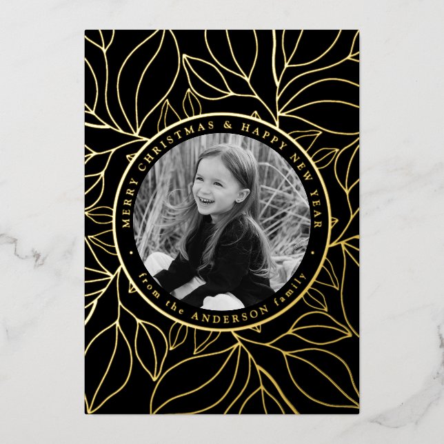 Golden Leaves Photo Foil Holiday Card (Front)